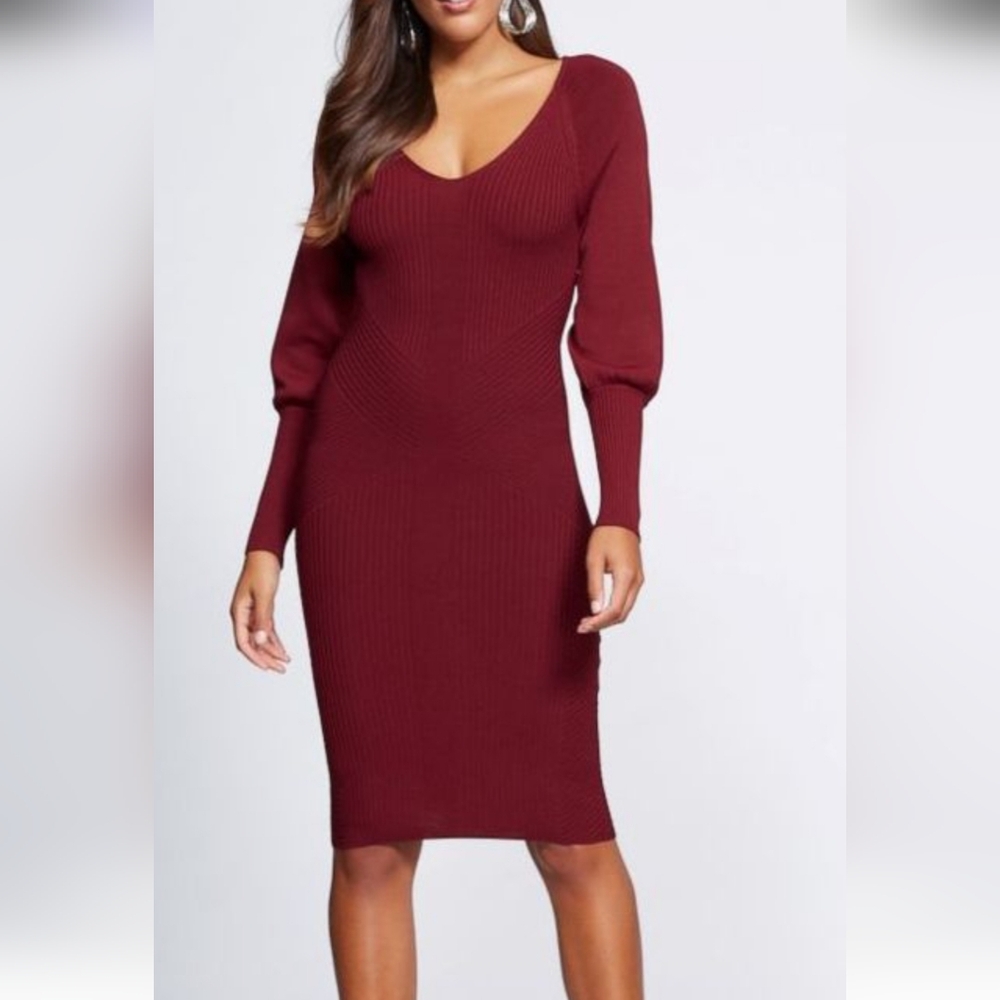 Chic Long Sleeve Ribbed Bodycon Burgundy Dress With Back Cutout